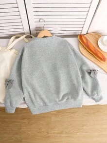 Tween Girl All-Match Versatile Casual Crew Neck Loose Solid Gray Sweatshirt With Bow Decor, Autumn/Winter