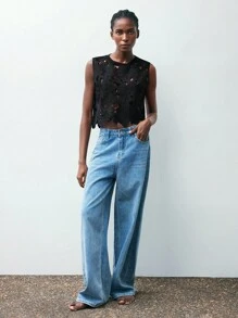 Maija 女士优雅水溶蕾丝A字上衣，休闲罩衫，适合度假、海滩、商务休闲、波西米亚风格场合，也适合万圣节、秋季圣帕特里克节、复活节派对、海滩夏季假期、海滩度假、夏季外出、毕业典礼等场合。 - 黑色 - 查看 3