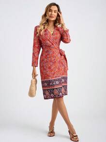 SHEIN LUNE Women's Lace-Up Long Sleeve Floral Patchwork Casual Midi Dress Summer Outfits For Women - Multicolor - View 3