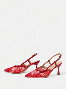 CUCCOO HITCHD 女士刺绣蕾丝雪花尖头细高跟中跟鞋，优雅浪漫红色网纱高跟鞋，礼服鞋，新娘婚礼宾客派对正式鞋，时尚节日场合鞋履 - 紅色 - 查看 10