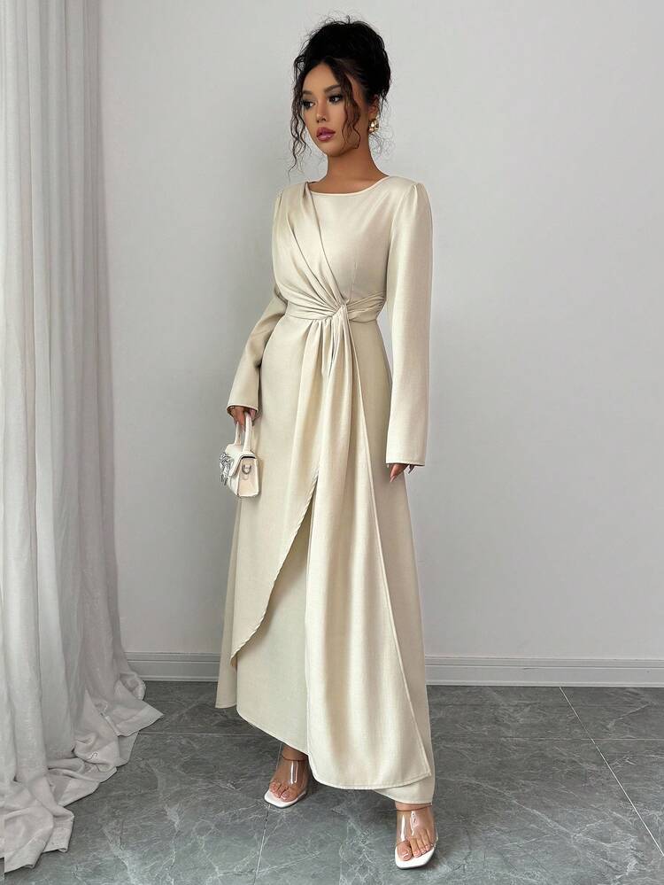 Elenzga Elegant Solid Color Round Neck Long-Sleeved Dress For Women, With A Knotted Waist And A Simple, Elegant Asymmetrical Hem. Suitable For All Seasons, Including Spring, Summer, Autumn, And Winter. Perfect For Casual Occasions Such As Afternoon Tea, Parties, Thanksgiving, Back-To-School, Country Music Festivals, Business Casual, Party Suits, Date Nights, Birthdays, Brunch, Western Style, And Autumn Women's Wear. - Apricot - View 6