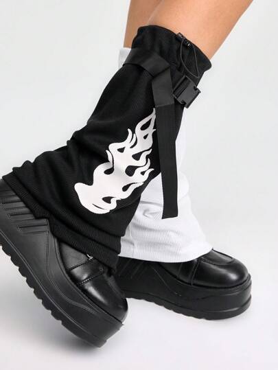 Grunge Punk 1 Pair Asymmetric Black & White Patterned Socks With 1 Pair Leg Warmers Set For Women