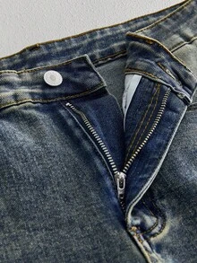 Manfinity VCAY Jeans casuales de cintura media para hombres, ajuste slim, jeans desgastados con salpicaduras de pintura, jeans desgastados, jeans con goteo, jeans rotos, jeans con salpicaduras de tinta, jeans con salpicaduras, jeans con pintura - Azul - Ver 4