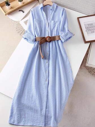 Franclia Women's Striped Long Sleeve Single-Breasted Pocket Casual Long Shirt Dress Clothes For University Fall Cloth For Women