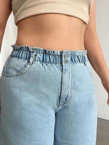 SHEIN Cottnline شورت جينز صيفي بمقاس كبير مع خصر كيس ورقي وجيوب مائلة - أزرق فاتح - مشاهدة 4