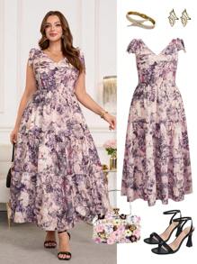 Ellevyn 大码优雅全印花无袖连衣裙，夏季女士教师服装 女士办公室服装 女士教师服装 女士机场服装 女士紫色服装 大码女装 外出服装 秋季服装 粉色连衣裙 女士超长连衣裙 女士连衣裙 女士连衣裙 优雅优雅女士连衣裙 大码女士秋季连衣裙