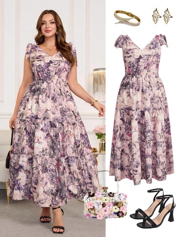 Ellevyn Plus-size elegante all-over print mouwloze jurk, zomer