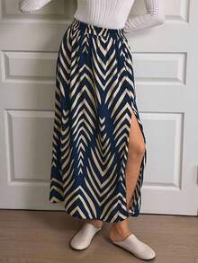 女式松紧腰侧开衩假日休闲半身裙（随机印花）女式长裙 - 彩色 - 查看 4