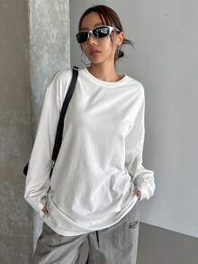 DAZY Áo thun dài tay rộng cổ tròn màu trơn dành cho nữ - trắng - Xem 4