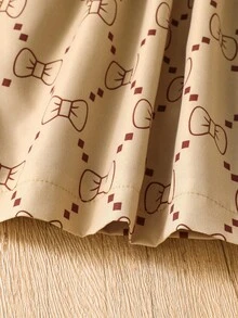 Elladie kids Young Girl Khaki Bow Print Thermal Lined Hooded Double-Breasted Fashion Coat, Suitable For Casual Daily Wear Fall Winter - Multicolor - View 5