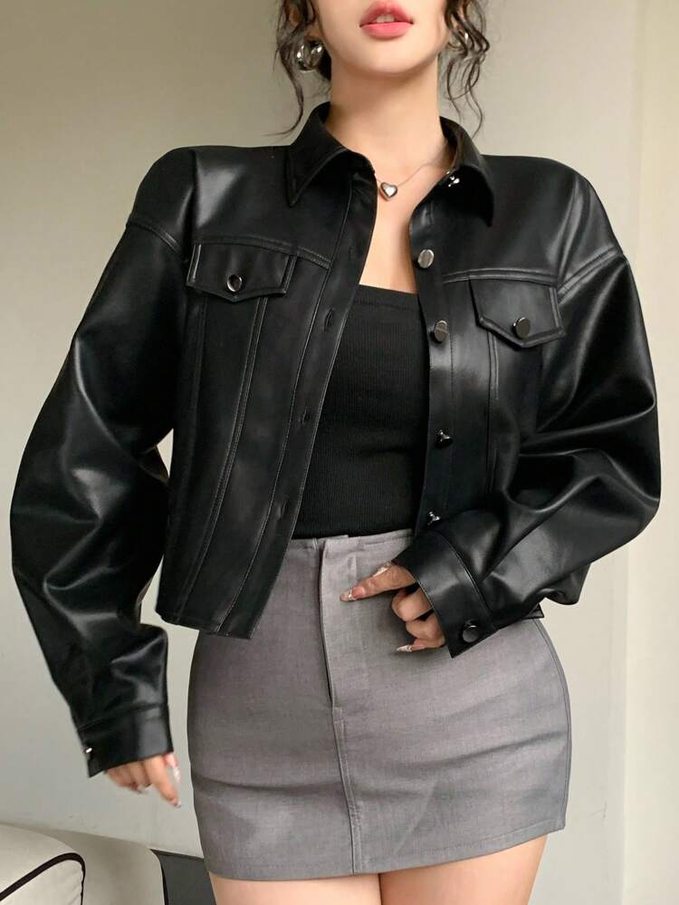 Women's Short Jacket With Large Pockets, Casual Business Office Wear, Long Sleeve PU Windbreaker, Autumn/Winter,Fall Women Clothes Leather Jacket