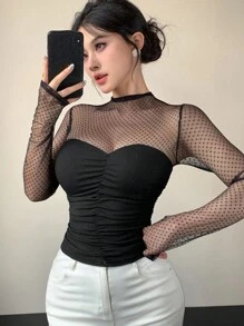 DAZY Áo thun tay dài chấm bi phối lưới dành cho nữ, Áo cưới dự tiệc gợi cảm - màu đen - Xem 4