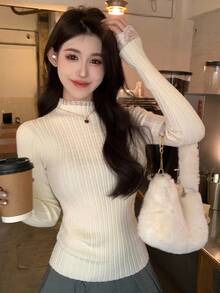 DAZY 女士纯色韩版蕾丝拼接长袖休闲毛衣 - 白色 - 查看 2