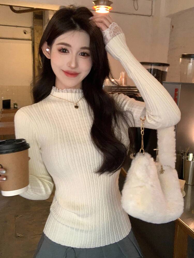 Women's Solid Color Korean Style Lace Patchwork Long Sleeve Casual Sweater