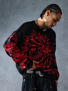 ROMWE MEN Anime 男士动漫人物提花针织宽松长袖毛衣，秋冬，垃圾摇滚风格 - 黑色 - 查看 4