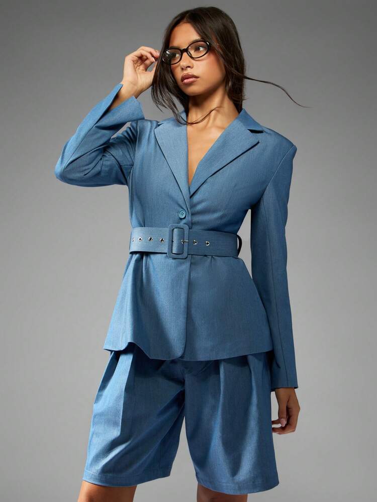 MISSGUIDED Conjunto de blazer con cinturón y bermudas de oficina, estilo profesional de moda primavera-otoño