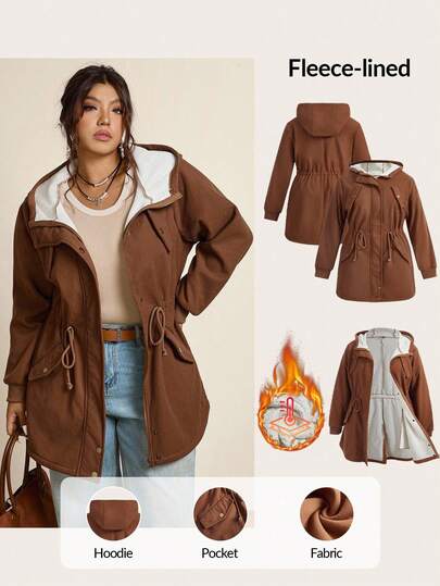 SHEIN LUNE Plus Size Women's Long Sleeve Drawstring Waist Hooded Casual Loose Brown Jacket, Fall/Winter, Fleece Jacket, Winter Women Coat Winter Clothes Chic Autumn