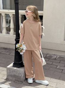 SHEIN Nova Glow Tween Girls Solid Color Round Neck Bow Loose T-Shirt & Baggy Long Pants 2 Pieces Casual Set