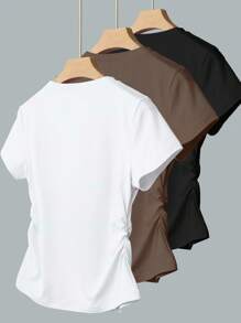 INAWLY Women's Casual Solid Color Ruched T-Shirt, Summer - Multicolor - View 2