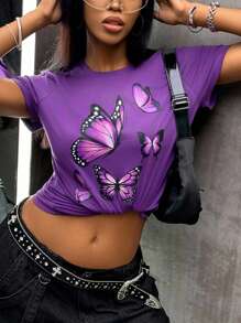 INAWLY 女士蝴蝶印花圆领短袖休闲上衣，适合日常穿着 - 紫色 - 查看 5