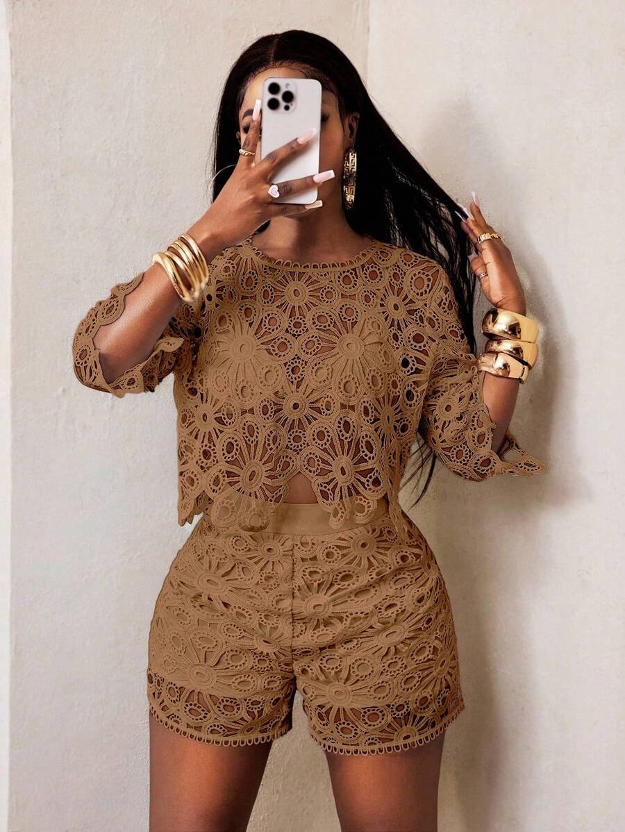 BamGleam Áo kiểu nữ dệt kim bốn mùa, chất liệu ren xuyên thấu, khoét eo gợi cảm, tay loe, kiểu dáng thanh lịch. - Màu Khaki - Xem 1