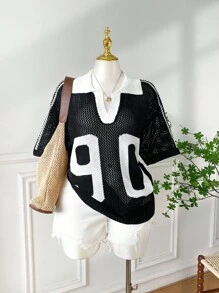 SHEIN EZwear 大码女式数字图案短袖镂空针织上衣 - 黑色 - 查看 1