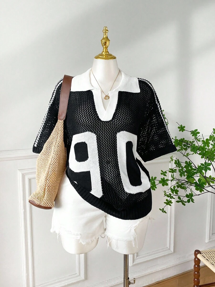 SHEIN EZwear 大码女式数字图案短袖镂空针织上衣 - 黑色 - 查看 1