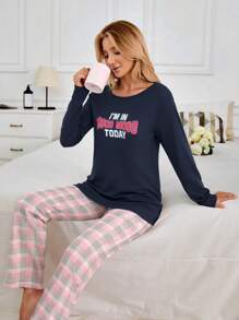 EURMUSE Cotton 2Pcs  Slogan Printed Long Sleeve And Multicolour Detail Sleep Bottom PJ Set - Navy Blue - View 4
