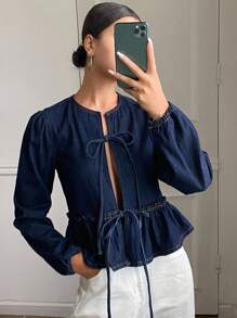 DAZY 女式圆领系带长袖牛仔夹克和外套，休闲牛仔外套 - 深色水洗藍 - 查看 1