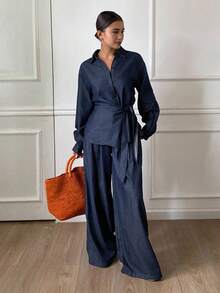 DAZY 女士宽松侧系带长袖衬衫和阔腿裤两件套休闲牛仔套装，度假和都市休闲 - 深色水洗藍 - 查看 4