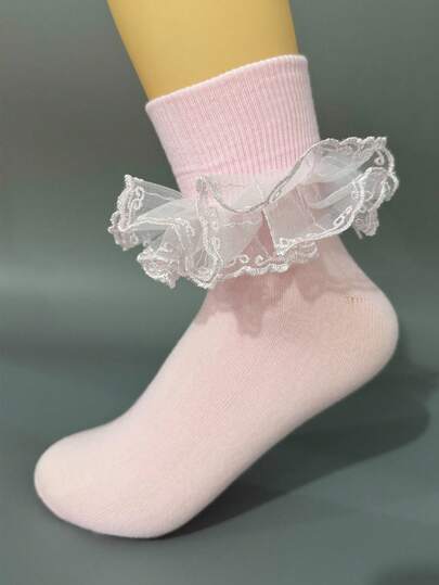 Kawaii Pink Women's Mid-Calf Socks With Ruffle Trim