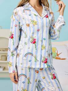 LE PETIT PRINCE X SHEIN Women's Loose Striped Watercolor Cartoon Fox, Rose & Planet Pattern Long Sleeve Top & Long Pants Pajama Sets, Back To School, For School, Fall And Winter - Blue and White - View 2