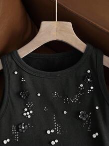 SHEIN Unity Women's Black Cotton-Blend Stretch Tank Top,Handcrafted Beaded 3D Floral Embellishments Summer Elegant Brunch Country Concert Punk Homecoming Tops - Black - View 4