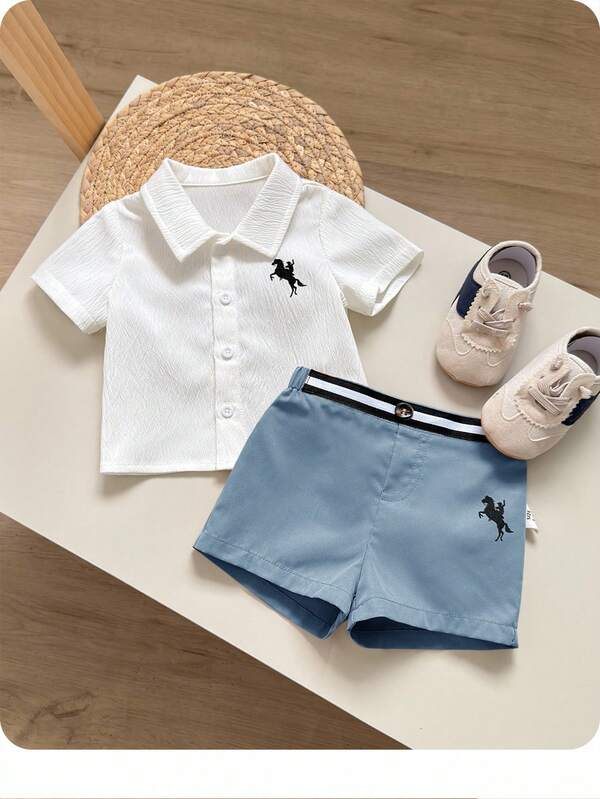Newborn Baby Boy/Girl Cute Summer Casual Versatile White Short Sleeve Shirt With Elastic Waist Khaki Belt Shorts Set