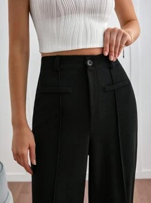 SHEIN Tall Women's Solid Color High Waist Toothpick Stripe Design Loose Casual Commuter Wide Leg Pants