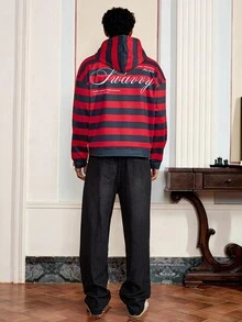 SWAVVY Men's Casual Hoodie With Digital Print Red And Black Striped Long Sleeve Sweatshirt, Spring/Autumn, For Fall Winter - Multicolor - View 3