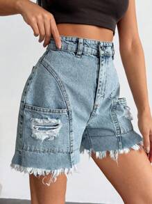 EURMUSE Woman High Waist Summer Frayed Short - Light Wash - View 3