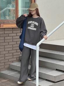 DAZY 少女休闲字母印花运动衫和运动裤套装秋季 - 深灰色 - 查看 3