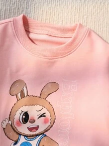Explorewe 2 件/套女孩休闲简约运动风格可爱兔子印花粉色圆领运动衫和白色松紧腰口袋裤，宽松版型，舒适百搭，适合秋季、春季、冬季、日常穿着、通勤、户外、运动、学校、街头、派对、拍照 - 彩色 - 查看 3