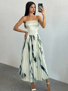 Firerie Women's Elegant Sage Green Summer Pleated Printed Dress,Wedding Guest Date Night Outfits,Business Casual Teacher Flowing Homecoming Festival Dress - Multicolor - View 7