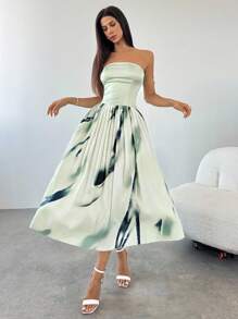Firerie Women's Elegant Sage Green Summer Pleated Printed Dress,Wedding Guest Date Night Outfits,Business Casual Teacher Flowing Homecoming Festival Dress - Multicolor - View 5