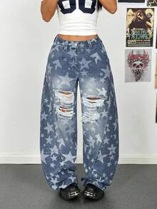 StreetHx Pantalones harem de mezclilla con bolsillos, de talle bajo y rotos, estilo punk callejero para mujeres - Azul lavado medio - Ver 1