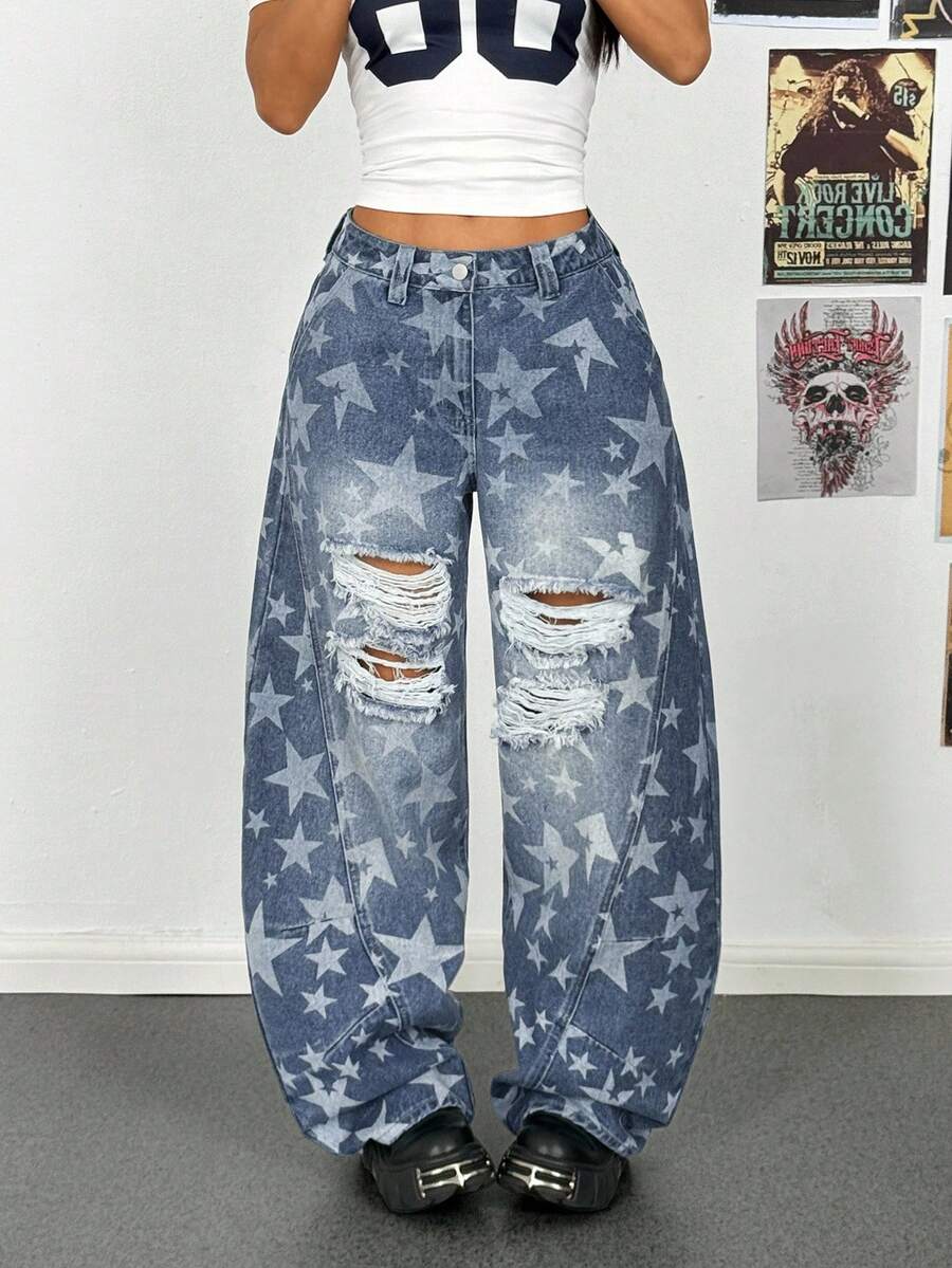 StreetHx Pantalones harem de mezclilla con bolsillos, de talle bajo y rotos, estilo punk callejero para mujeres - Azul lavado medio - Ver 1