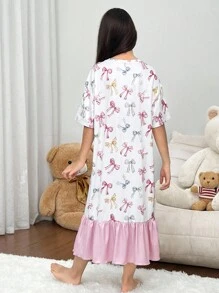 SHEIN 青少年女孩宽松休闲舒适圆领拼接撞色熊猫图案睡衣套装 - 黑色 - 查看 2