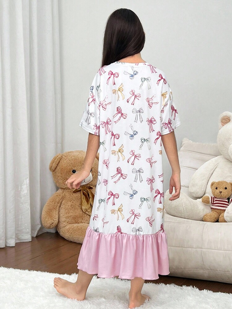 SHEIN Meisjespyjamaset met ronde hals, losse, casual en comfortabele patchworkprint en contrasterende kleuren en pandaprint voor tween-meisjes - Zwart - Bekijken 2