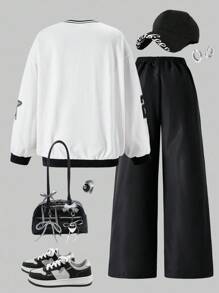 SHEIN Streecool Kids 2pcs/Set Teen Girls V-Neck Letter Print Hoodie Sweatshirt And Cargo Pants Casual Outfit Fall Winter