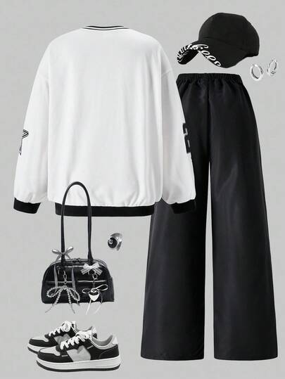 SHEIN Explorewe 2件套青少年女孩V领字母印花连帽衫和工装裤休闲装