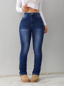 SHEIN Tall 女士休闲紧身弹力加绒牛仔裤 蓝色女士牛仔裤 冬季女士牛仔裤 保暖牛仔裤 高个女士牛仔裤 冬季保暖牛仔裤 泰迪熊牛仔裤 泰迪熊保暖毛绒牛仔裤 泰迪熊内衬牛仔裤 保暖内衬牛仔裤 女士牛仔裤 保暖牛仔裤 - 藍色 - 查看 7