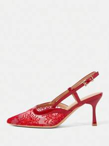 CUCCOO HITCHD 女士刺绣蕾丝雪花尖头细高跟中跟鞋，优雅浪漫红色网纱高跟鞋，礼服鞋，新娘婚礼宾客派对正式鞋，时尚节日场合鞋履 - 紅色 - 查看 9