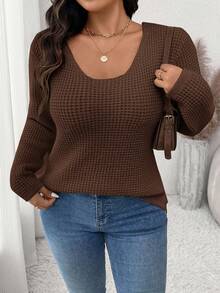 SHEIN Frenchy Plus Size Casual Solid Color Bow Decor Sweater, Autumn/Winter - Brown - View 2